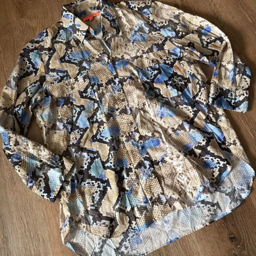 Vilagallo Blue & Cream Snake print Button Down Shirt Front Pockets Size 46